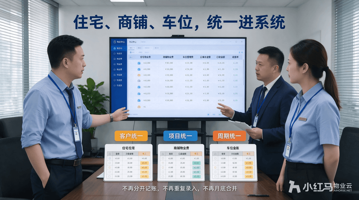 物业收费管理系统，支持多业态收费，住宅商铺车位统一管理